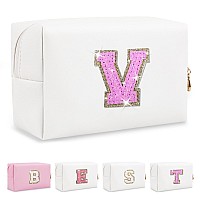 Small Personalized Initial Letter Makeup Bag Preppy Cute White Makeup Bag Cosmetic Zipper Pouch Waterproof Pu Leather Travel T