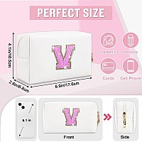 Small Personalized Initial Letter Makeup Bag Preppy Cute White Makeup Bag Cosmetic Zipper Pouch Waterproof Pu Leather Travel T