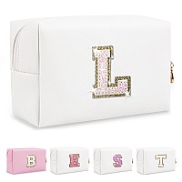 Small Personalized Initial Letter Makeup Bag Preppy Cute White Makeup Bag Cosmetic Zipper Pouch Waterproof Pu Leather Travel T