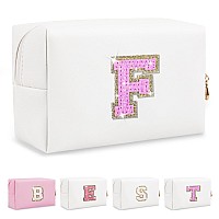 Personalized Initial Letter Preppy Makeup Bag Small Cute White Makeup Bag Cosmetic Zipper Pouch Waterproof Pu Leather Travel T