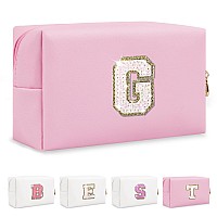 Small Personalized Initial Letter Makeup Bag Preppy Cute Pink Makeup Bag Cosmetic Zipper Pouch Waterproof Pu Leather Travel To