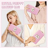 Small Personalized Initial Letter Makeup Bag Preppy Cute Pink Makeup Bag Cosmetic Zipper Pouch Waterproof Pu Leather Travel To