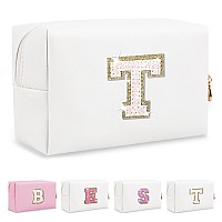 Personalized Initial Az Preppy Patch Makeup Bag Small White Pu Leather Cute Glitter Letter Cosmetic Bag With Zipper Monogram