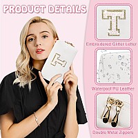 Personalized Initial Az Preppy Patch Makeup Bag Small White Pu Leather Cute Glitter Letter Cosmetic Bag With Zipper Monogram