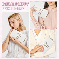 Personalized Initial Az Preppy Patch Makeup Bag Small White Pu Leather Cute Glitter Letter Cosmetic Bag With Zipper Monogram