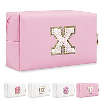 Small Personalized Initial Az Makeup Bag Preppy Cute Pink Pu Leather Glitter Letter Cosmetic Zipper Pouch Waterproof Travel T