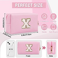 Small Personalized Initial Az Makeup Bag Preppy Cute Pink Pu Leather Glitter Letter Cosmetic Zipper Pouch Waterproof Travel T