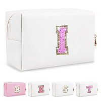 Small Personalized Initial Az Makeup Bag Preppy Cute White Pu Leather Glitter Letter Cosmetic Zipper Pouch Waterproof Travel