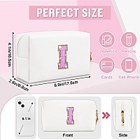 Small Personalized Initial Az Makeup Bag Preppy Cute White Pu Leather Glitter Letter Cosmetic Zipper Pouch Waterproof Travel