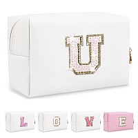 Small Initial Patch Makeup Bag Personalized Gifts Make Up Bagwhite Cute Pu Leather Glitter Letter Cosmetic Bag With Zippertren