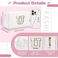 Small Initial Patch Makeup Bag Personalized Gifts Make Up Bagwhite Cute Pu Leather Glitter Letter Cosmetic Bag With Zippertren