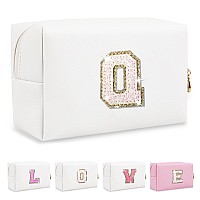 Small Initial Patch Makeup Bag Personalized Gifts Make Up Bag White Cute Pu Leather Glitter Letter Cosmetic Bag With Zipper Tren