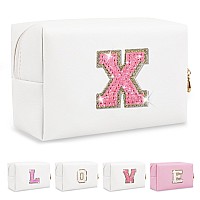 Small Initial Patch Makeup Bag Personalized Gifts Make Up Bag White Cute Pu Leather Glitter Letter Cosmetic Bag With Zipper Tren