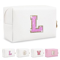 Small Initial Patch Makeup Bag Personalized Gifts Make Up Bag White Cute Pu Leather Glitter Letter Cosmetic Bag With Zipper Tren