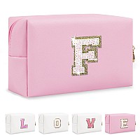 Small Personalized Initial Az Patch Makeup Bag Pink Cute Pu Leather Glitter Letter Cosmetic Bag For Teen Girls Travel Toiletry