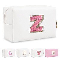 Small Initial Patch Makeup Bag Personalized Gifts Make Up Bag White Cute Pu Leather Glitter Letter Cosmetic Bag With Zipper Tren