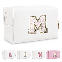 Small Initial Patch Makeup Bag Personalized Gifts Make Up Bag White Cute Pu Leather Glitter Letter Cosmetic Bag With Zipper Tren