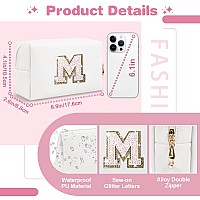 Small Initial Patch Makeup Bag Personalized Gifts Make Up Bag White Cute Pu Leather Glitter Letter Cosmetic Bag With Zipper Tren