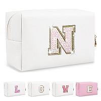 Small Initial Patch Makeup Bag Personalized Gifts Make Up Bagwhite Cute Pu Leather Glitter Letter Cosmetic Bag With Zippertren