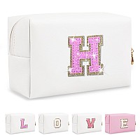 Small Initial Patch Makeup Bag Personalized Gifts Make Up Bag White Cute Pu Leather Glitter Letter Cosmetic Bag With Zipper Tren