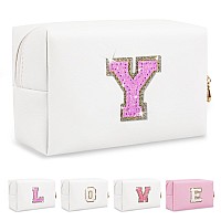 Small Initial Patch Makeup Bag Personalized Gifts Make Up Bag White Cute Pu Leather Glitter Letter Cosmetic Bag With Zipper Tren