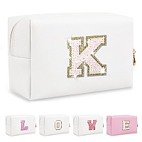 Small Initial Patch Makeup Bag Personalized Gifts Make Up Bag White Cute Pu Leather Glitter Letter Cosmetic Bag With Zipper Tren