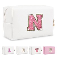 Small Initial Patch Makeup Bag Personalized Gifts Make Up Bagwhite Cute Pu Leather Glitter Letter Cosmetic Bag With Zippertren