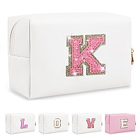 Small Initial Patch Makeup Bag Personalized Gifts Make Up Bag White Cute Pu Leather Glitter Letter Cosmetic Bag With Zipper Tren