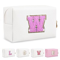 Small Initial Patch Makeup Bag Personalized Gifts Make Up Bagwhite Cute Pu Leather Glitter Letter Cosmetic Bag With Zippertren