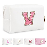 Small Initial Patch Makeup Bag Personalized Gifts Make Up Bagwhite Cute Pu Leather Glitter Letter Cosmetic Bag With Zippertren