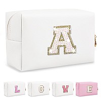 Small Initial Patch Makeup Bag Personalized Gifts Make Up Bag White Cute Pu Leather Glitter Letter Cosmetic Bag With Zipper Tren