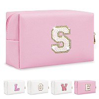 Small Personalized Initial Az Patch Makeup Bag Pink Cute Pu Leather Glitter Letter Cosmetic Bag For Teen Girls Travel Toiletry