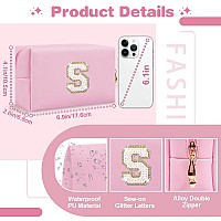 Small Personalized Initial Az Patch Makeup Bag Pink Cute Pu Leather Glitter Letter Cosmetic Bag For Teen Girls Travel Toiletry