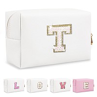 Small Initial Patch Makeup Bag Personalized Gifts Make Up Bag White Cute Pu Leather Glitter Letter Cosmetic Bag With Zipper Tren