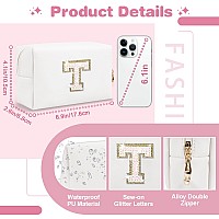 Small Initial Patch Makeup Bag Personalized Gifts Make Up Bag White Cute Pu Leather Glitter Letter Cosmetic Bag With Zipper Tren