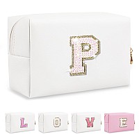 Small Initial Patch Makeup Bag Personalized Gifts Make Up Bag White Cute Pu Leather Glitter Letter Cosmetic Bag With Zipper Tren