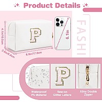 Small Initial Patch Makeup Bag Personalized Gifts Make Up Bag White Cute Pu Leather Glitter Letter Cosmetic Bag With Zipper Tren