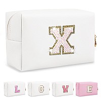 Small Initial Patch Makeup Bag Personalized Gifts Make Up Bagwhite Cute Pu Leather Glitter Letter Cosmetic Bag With Zippertren