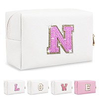 Small Initial Patch Makeup Bag Personalized Gifts Make Up Bag White Cute Pu Leather Glitter Letter Cosmetic Bag With Zipper Tren