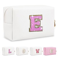 Small Initial Patch Makeup Bag Personalized Gifts Make Up Bag White Cute Pu Leather Glitter Letter Cosmetic Bag With Zipper Tren