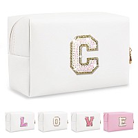 Small Initial Patch Makeup Bag Personalized Gifts Make Up Bag White Cute Pu Leather Glitter Letter Cosmetic Bag With Zipper Tren