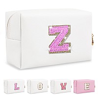 Small Initial Patch Makeup Bag Personalized Gifts Make Up Bag White Cute Pu Leather Glitter Letter Cosmetic Bag With Zipper Tren