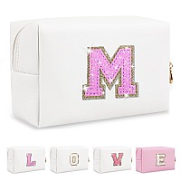 Small Initial Patch Makeup Bag Personalized Gifts Make Up Bag White Cute Pu Leather Glitter Letter Cosmetic Bag With Zipper Tren