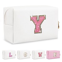 Small Initial Patch Makeup Bag Personalized Gifts Make Up Bagwhite Cute Pu Leather Glitter Letter Cosmetic Bag With Zippertren