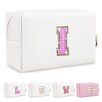 Small Initial Patch Makeup Bag Personalized Gifts Make Up Bag White Cute Pu Leather Glitter Letter Cosmetic Bag With Zipper Tren