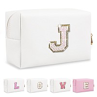 Small Initial Patch Makeup Bag Personalized Gifts Make Up Bag White Cute Pu Leather Glitter Letter Cosmetic Bag With Zipper Tren