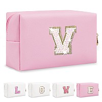 Small Personalized Initial Az Patch Makeup Bag Pink Cute Pu Leather Glitter Letter Cosmetic Bag For Teen Girls Travel Toiletry