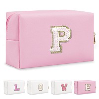 Small Personalized Initial Az Patch Makeup Bagpink Cute Pu Leather Glitter Letter Cosmetic Bag For Teen Girlstravel Toiletry