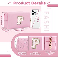 Small Personalized Initial Az Patch Makeup Bagpink Cute Pu Leather Glitter Letter Cosmetic Bag For Teen Girlstravel Toiletry