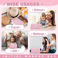 Small Personalized Initial Az Patch Makeup Bagpink Cute Pu Leather Glitter Letter Cosmetic Bag For Teen Girlstravel Toiletry